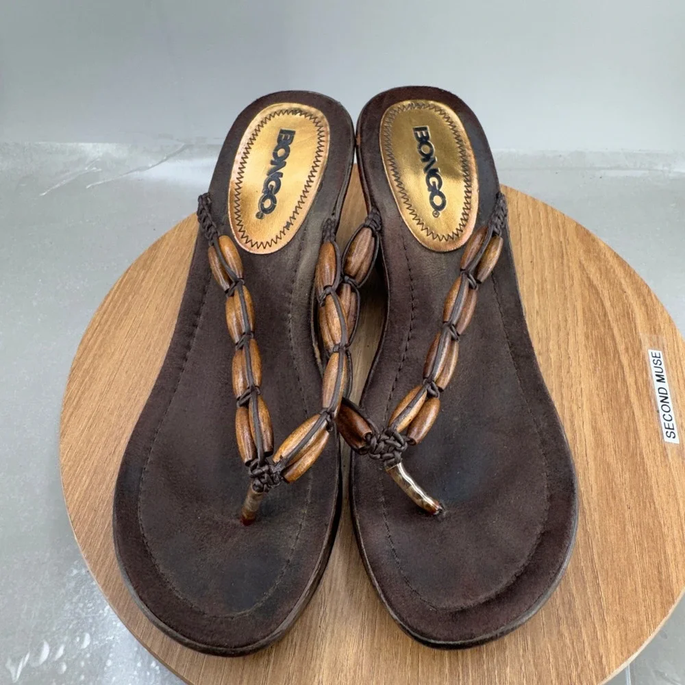 Bongo Wedge Platform Sandals Brown Beaded Y2K Boho Bohemian Summer Thong Heels